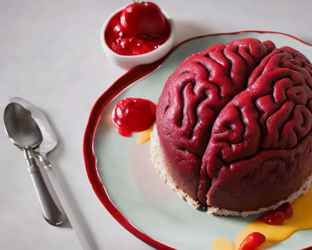 Brain-shaped dessert with cherry and sauce on plate with spoon