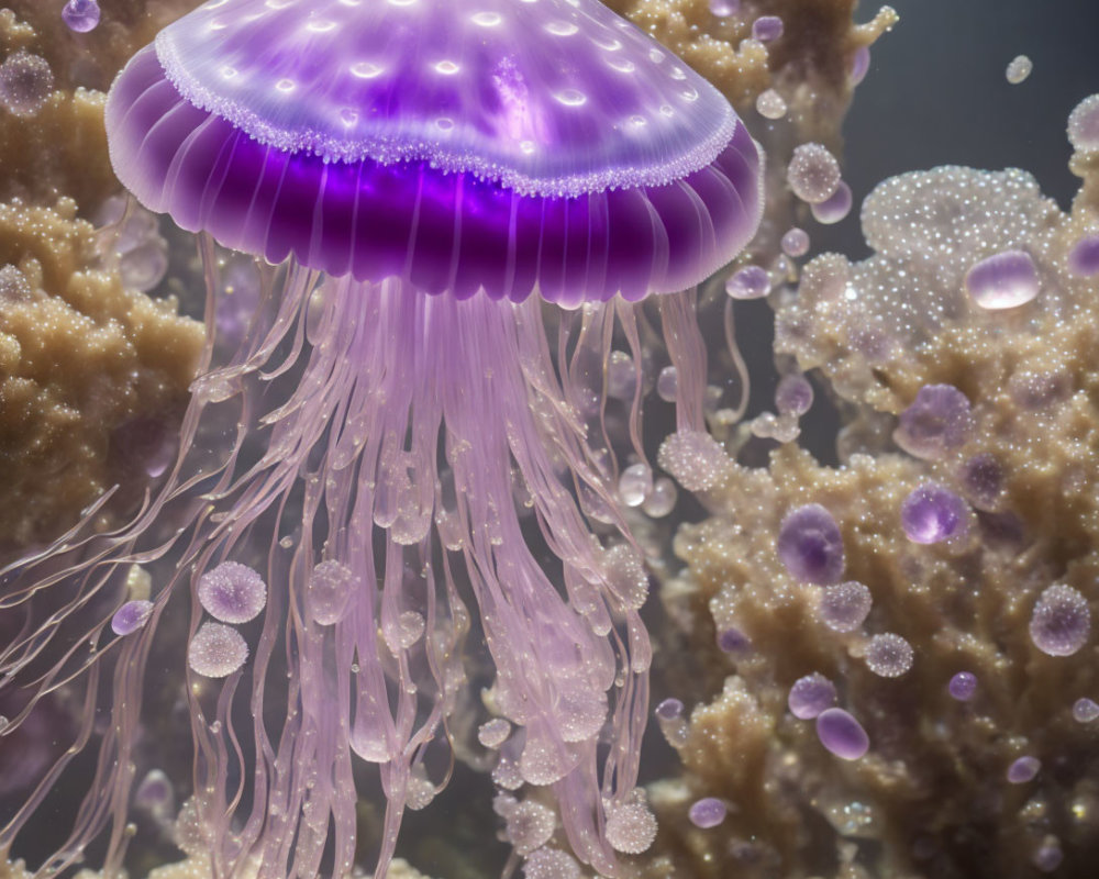 Translucent purple jellyfish with luminous tentacles near coral surface