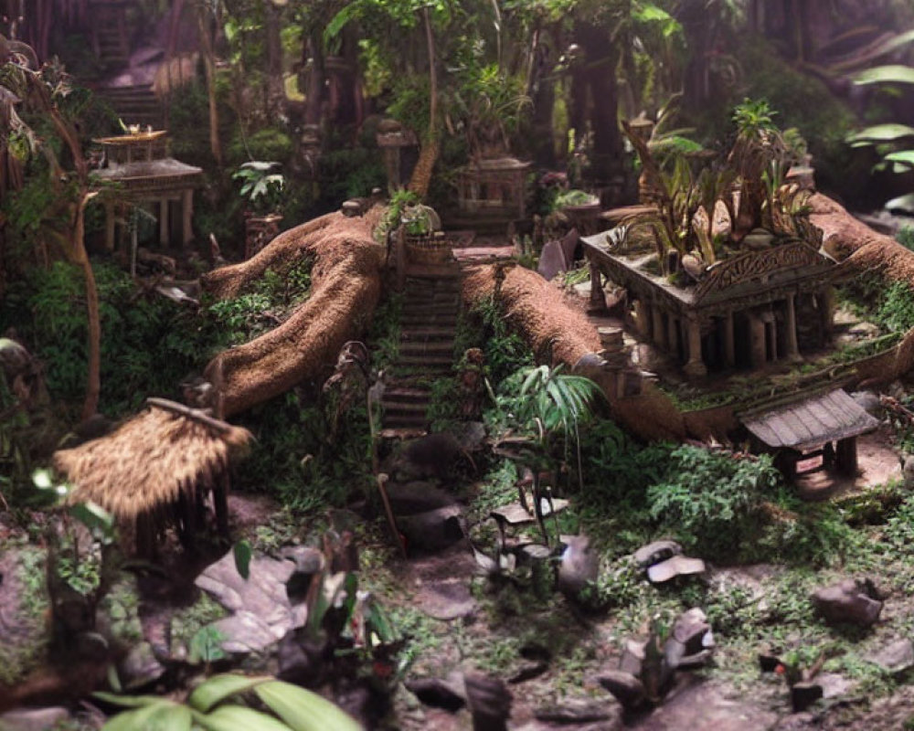 Detailed miniature model of an ancient jungle temple with lush greenery