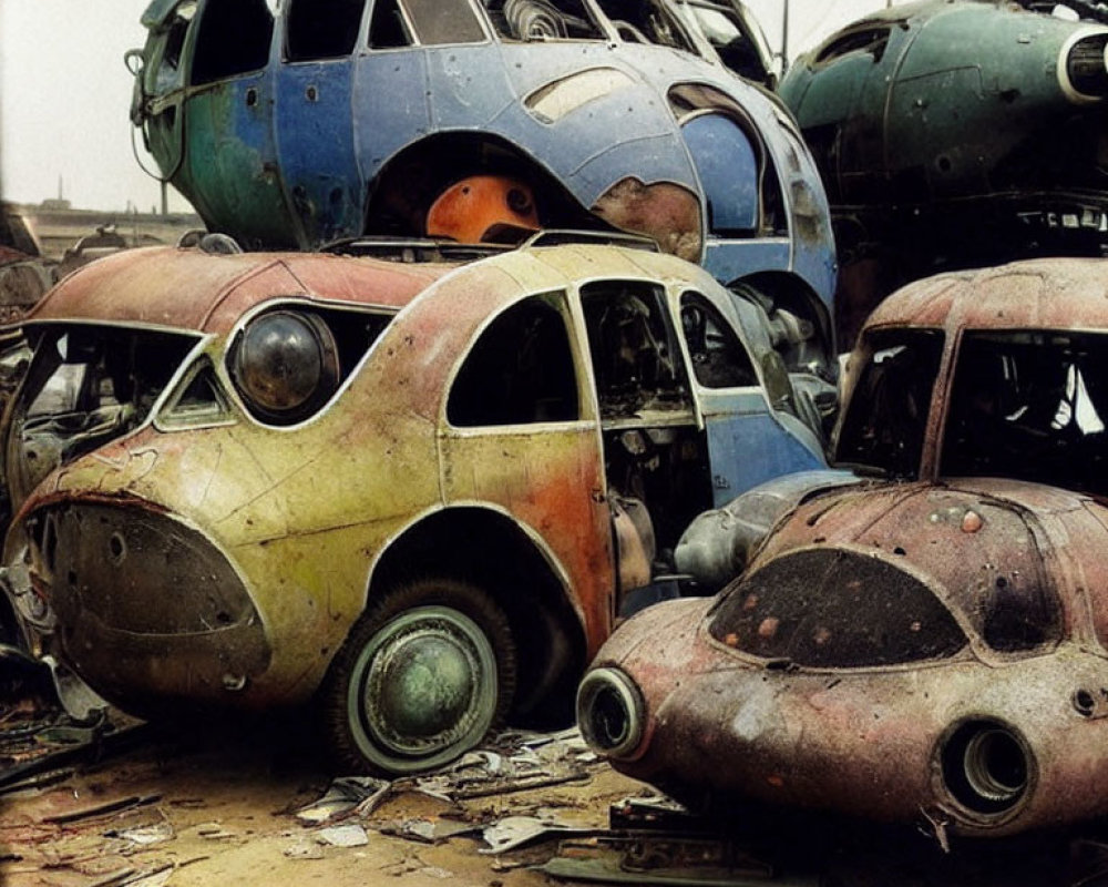 Rusted vintage cars and aircraft parts in a scrapyard