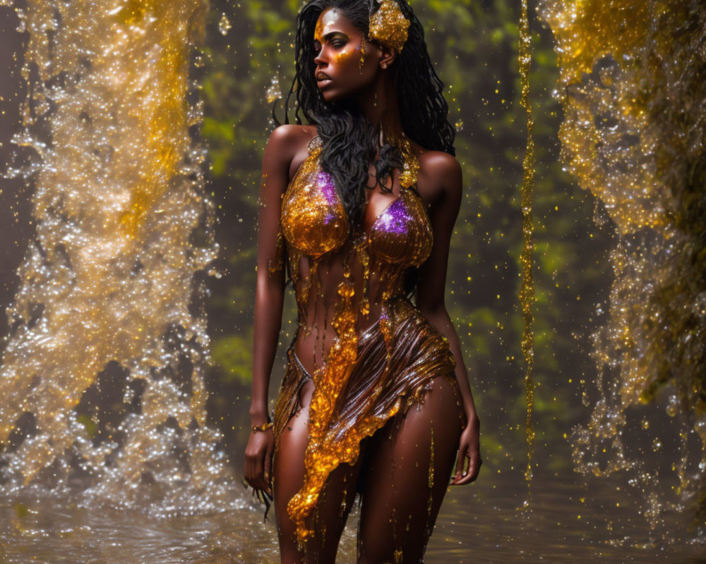 Golden body paint woman posing in forest with splashing water