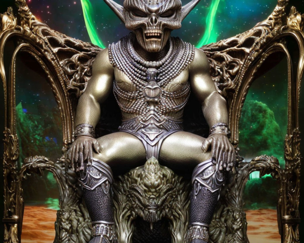 Armored alien on throne in cosmic setting with green auroras