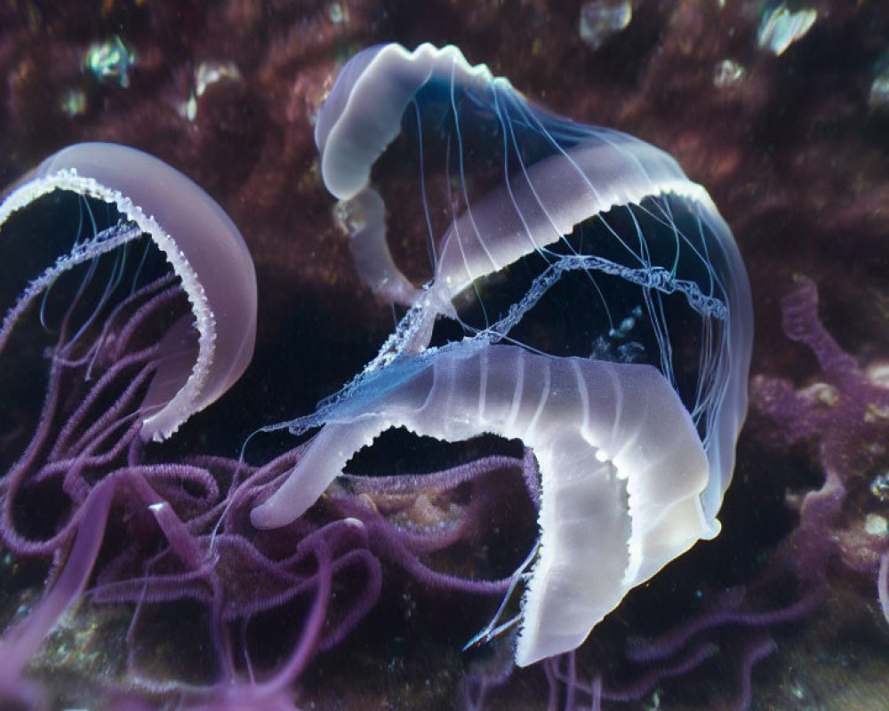 Ethereal jellyfish swimming over coral bed