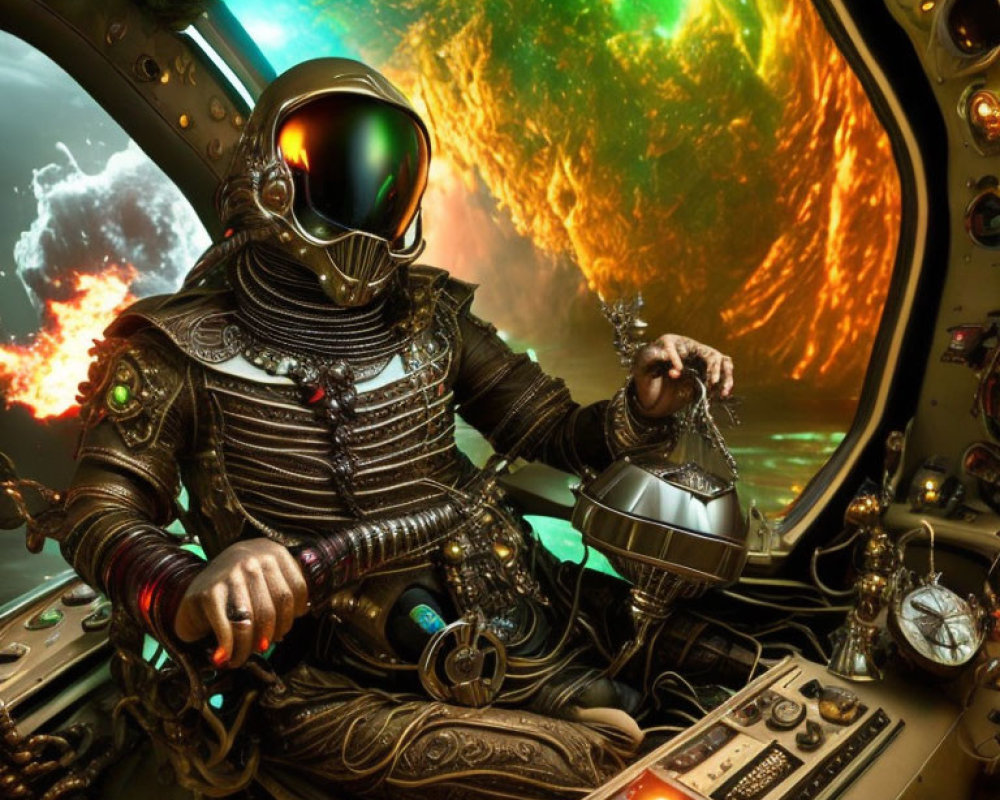 Futuristic astronaut in spacecraft with colorful nebula view