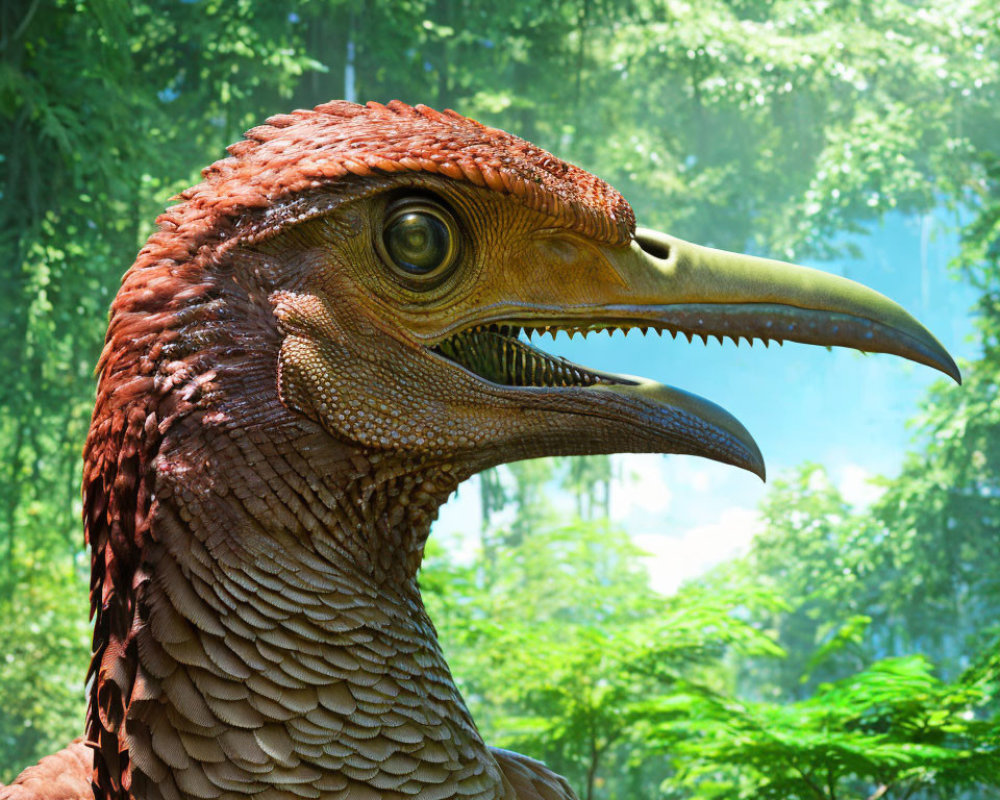 Realistic feathered dinosaur model with sharp beak in lush forest setting