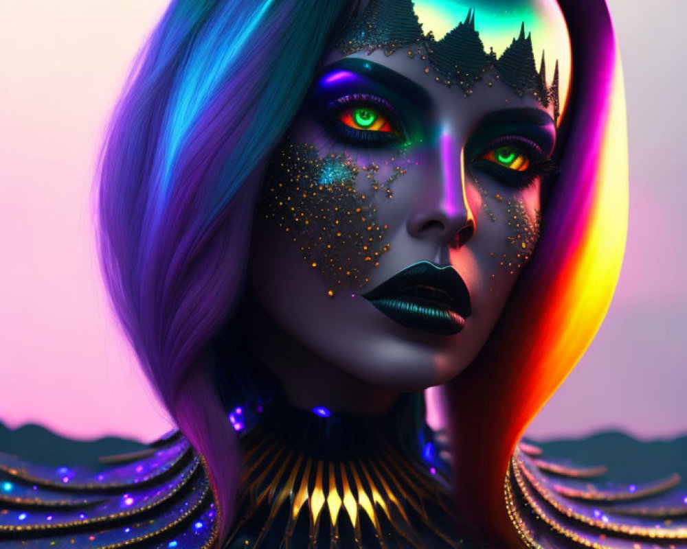 Iridescent Hair Woman with Galaxy Makeup and Futuristic Collar