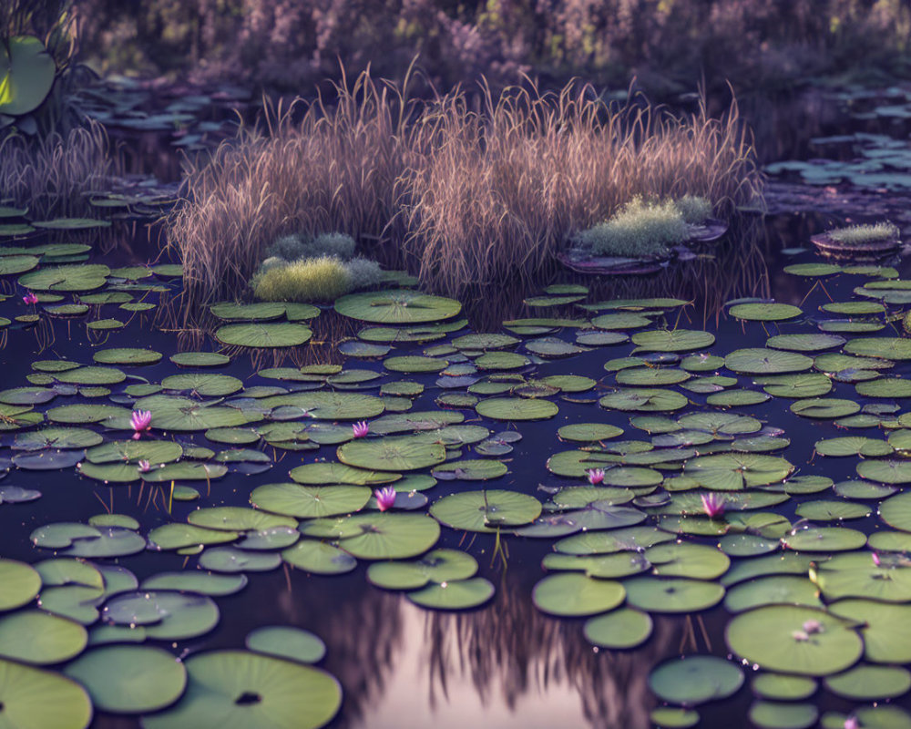 Tranquil Pond with Green Lily Pads and Pink Water Lilies