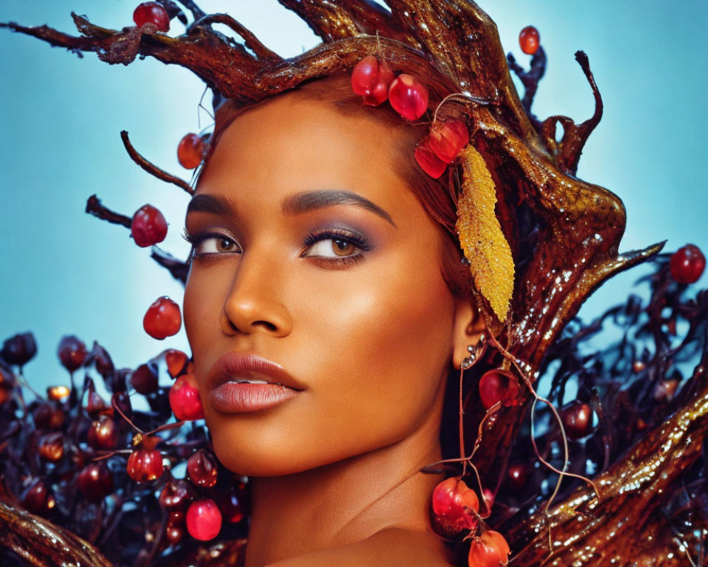 Woman with artistic makeup and twig & berry headdress on blue background