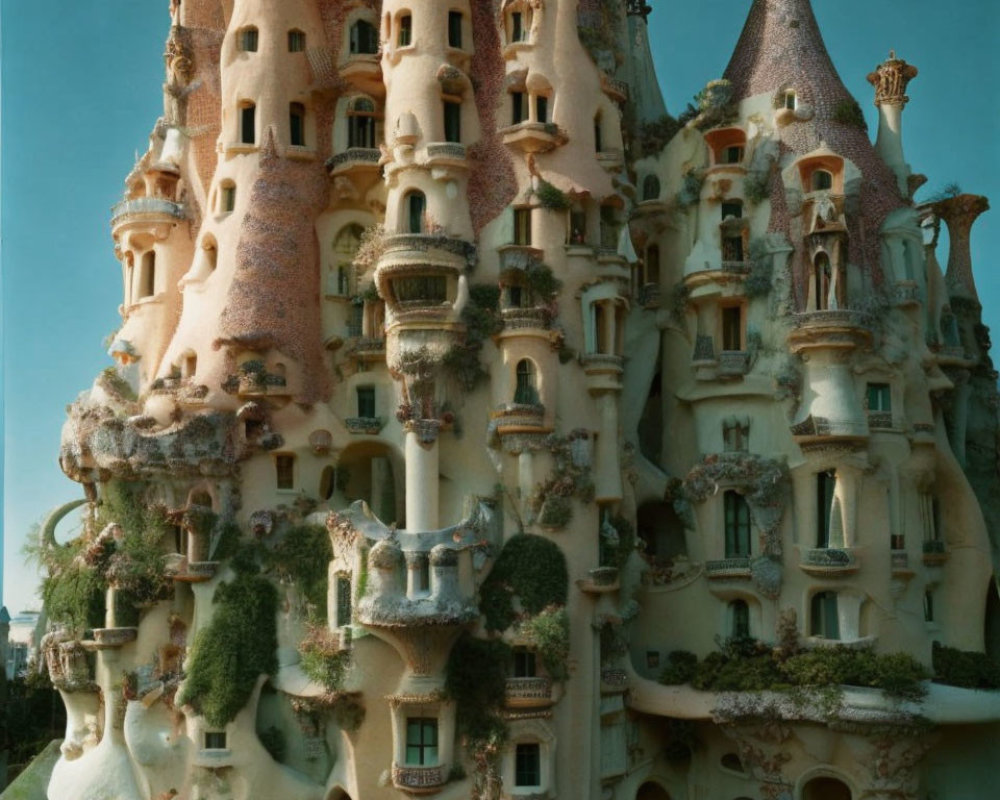 Fantastical castle with intertwined towers and spiraling turrets in fairy-tale setting