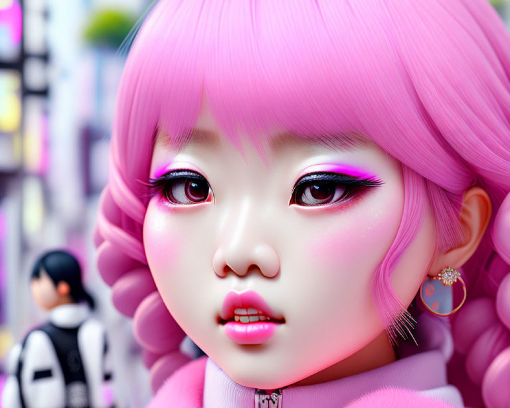 Character with expressive eyes, pink hair, makeup in anime style against urban backdrop