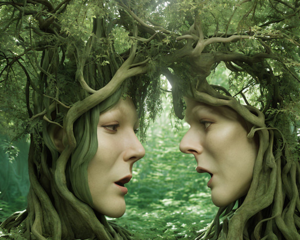 Tree spirits with intertwining branches in lush forest portrait