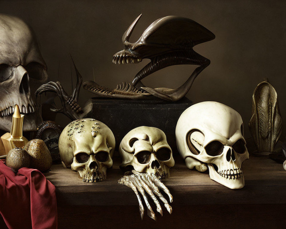 Macabre Still-Life Display: Skulls, Skeleton Hand, Alien Head