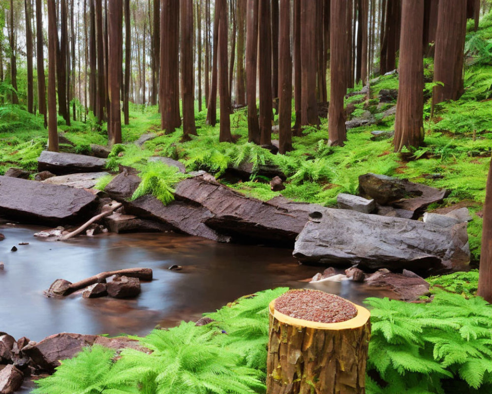 Serene forest landscape with tall trees, stream, ferns, and stump