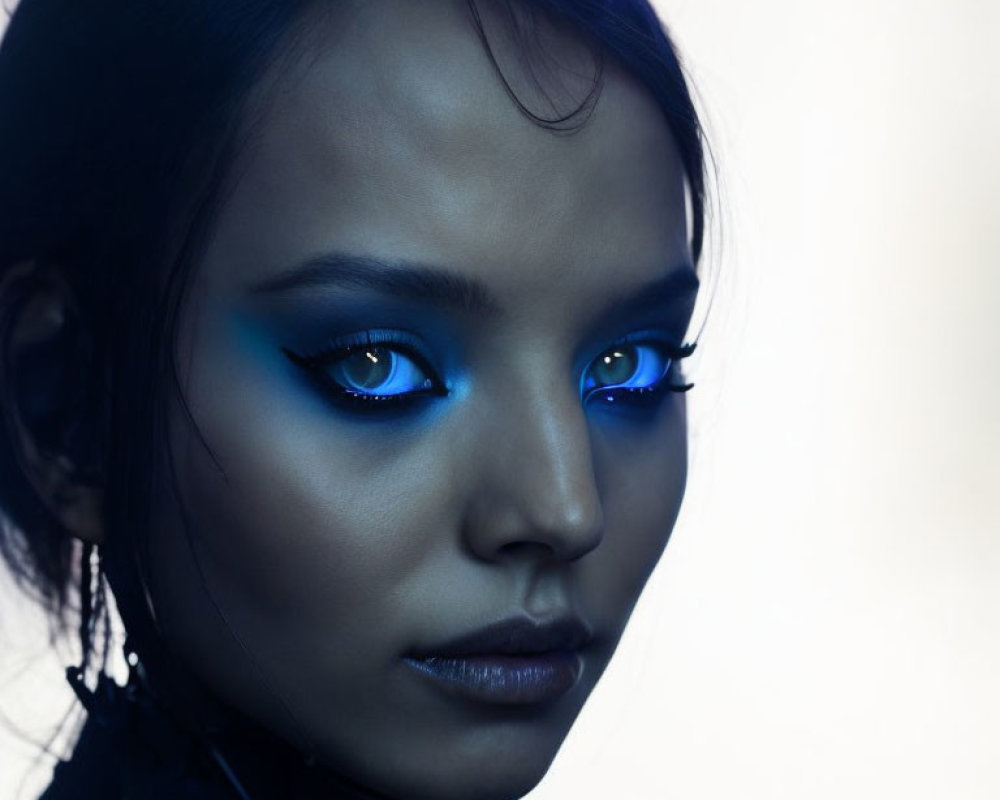 Striking Blue Eye Makeup with Neon Blue Light Accents