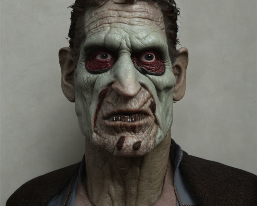 Detailed 3D rendering of monstrous figure with greenish skin and red eyes in blue shirt