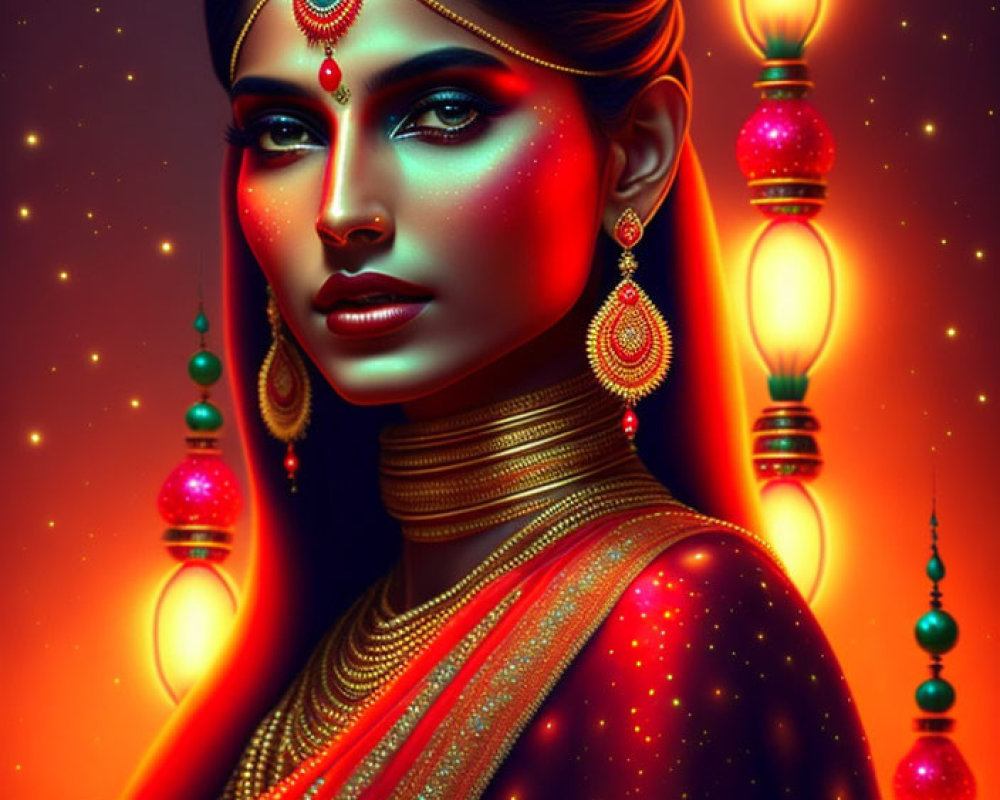 Digital artwork: Woman with deep blue skin and Indian jewelry in lantern-lit setting