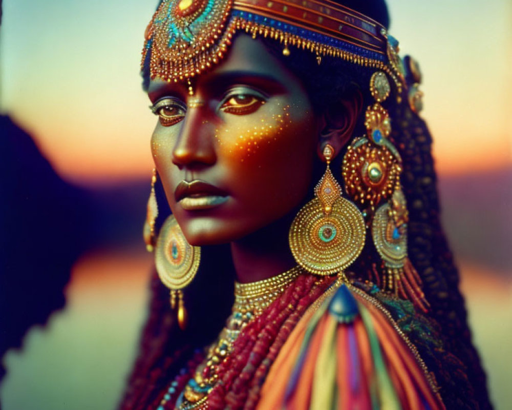 Woman with Striking Makeup and Ornate Headdress at Sunset