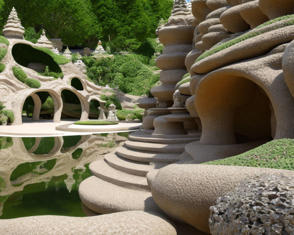 Whimsical sandstone garden with swirling designs, arches, and pond