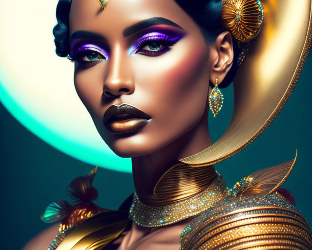 Stylized portrait of a woman with purple eyeshadow and ornate headpieces