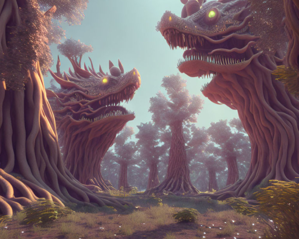 Fantastical dragon-shaped trees in mystical forest with glowing eyes.