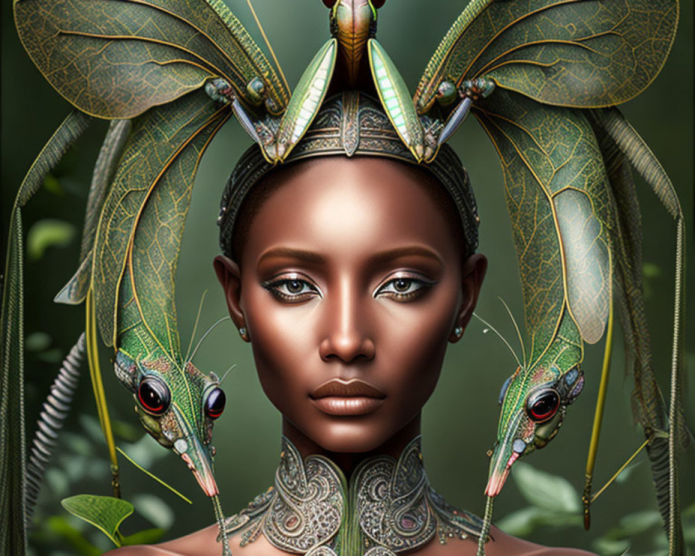 Digital artwork featuring woman with dragonfly headdress on green backdrop