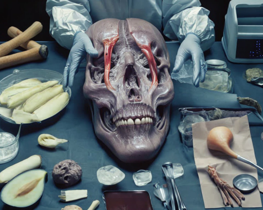 Medical professional dissects skull with bananas, rocks, and bones on table