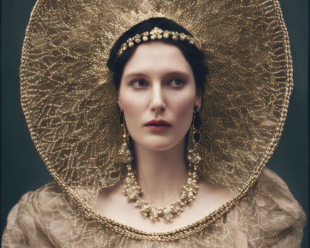 Woman in Golden Headdress and Pearls on Dark Background