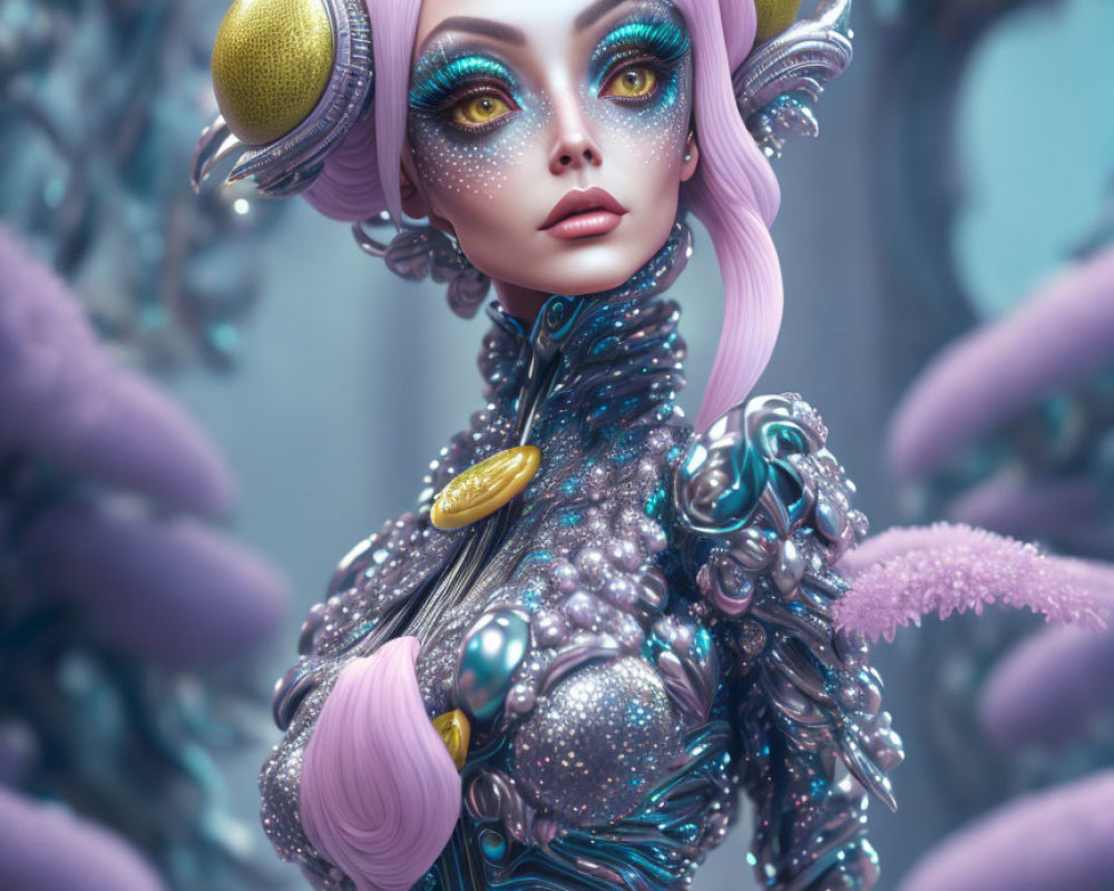 Fantasy-themed 3D illustration of female figure with elaborate makeup and armor on blue backdrop