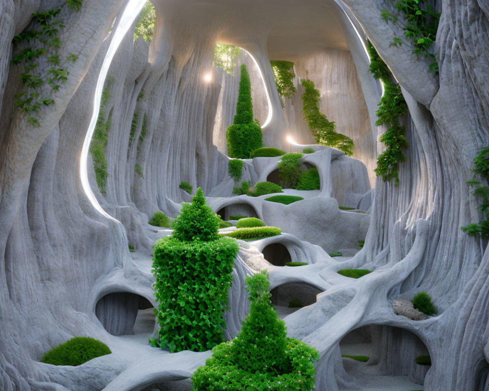 Sunlit mystical forest cave with lush greenery, ivy-covered walls, and terraces of moss