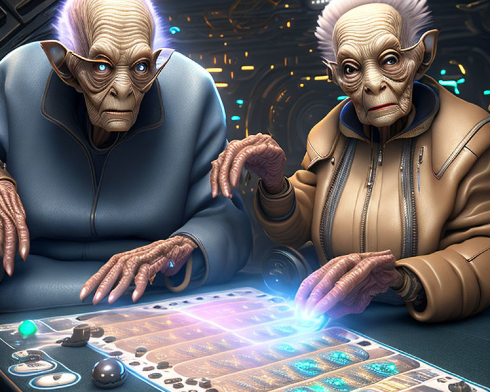 Elderly aliens with large eyes at futuristic console