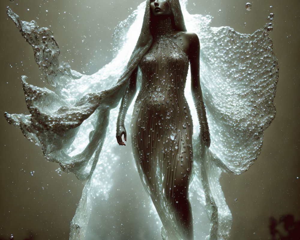 Translucent winged figure in draped garment amid falling droplets