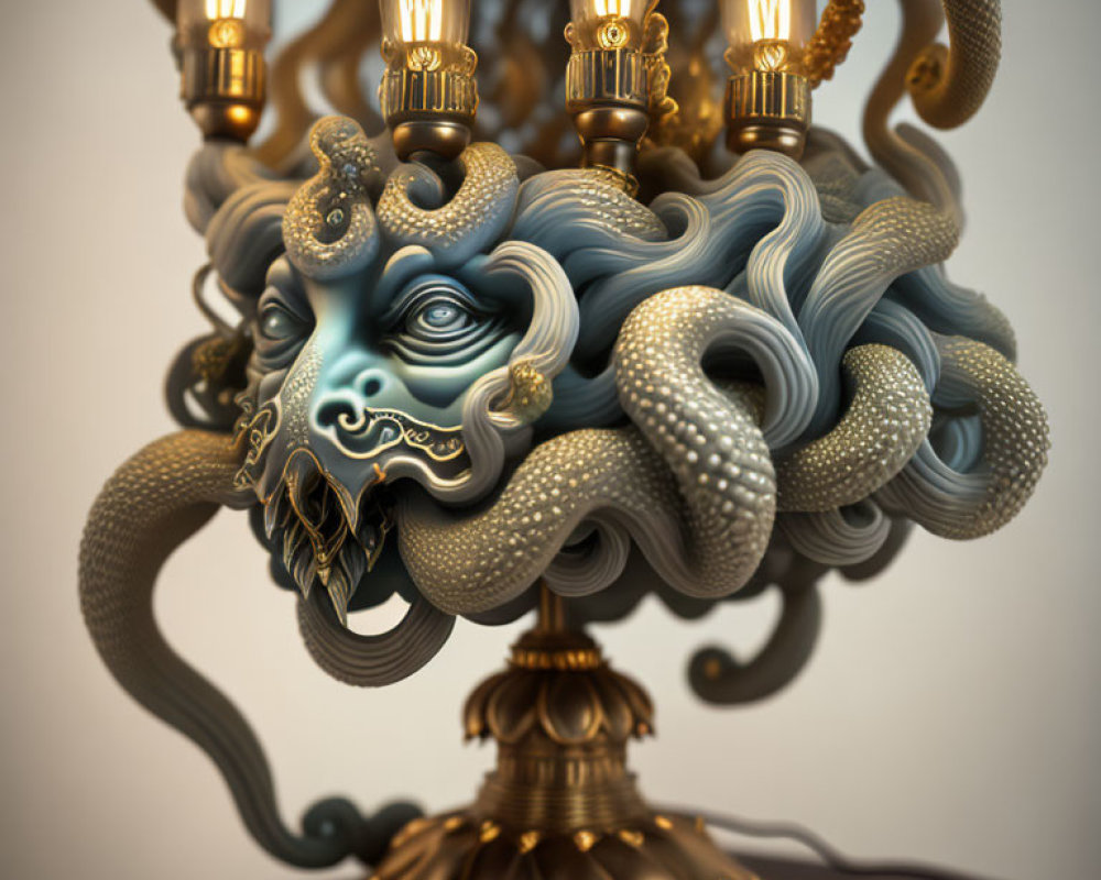 Baroque Design Chandelier with Tentacles, Faces, and Waves in Blue and Gold