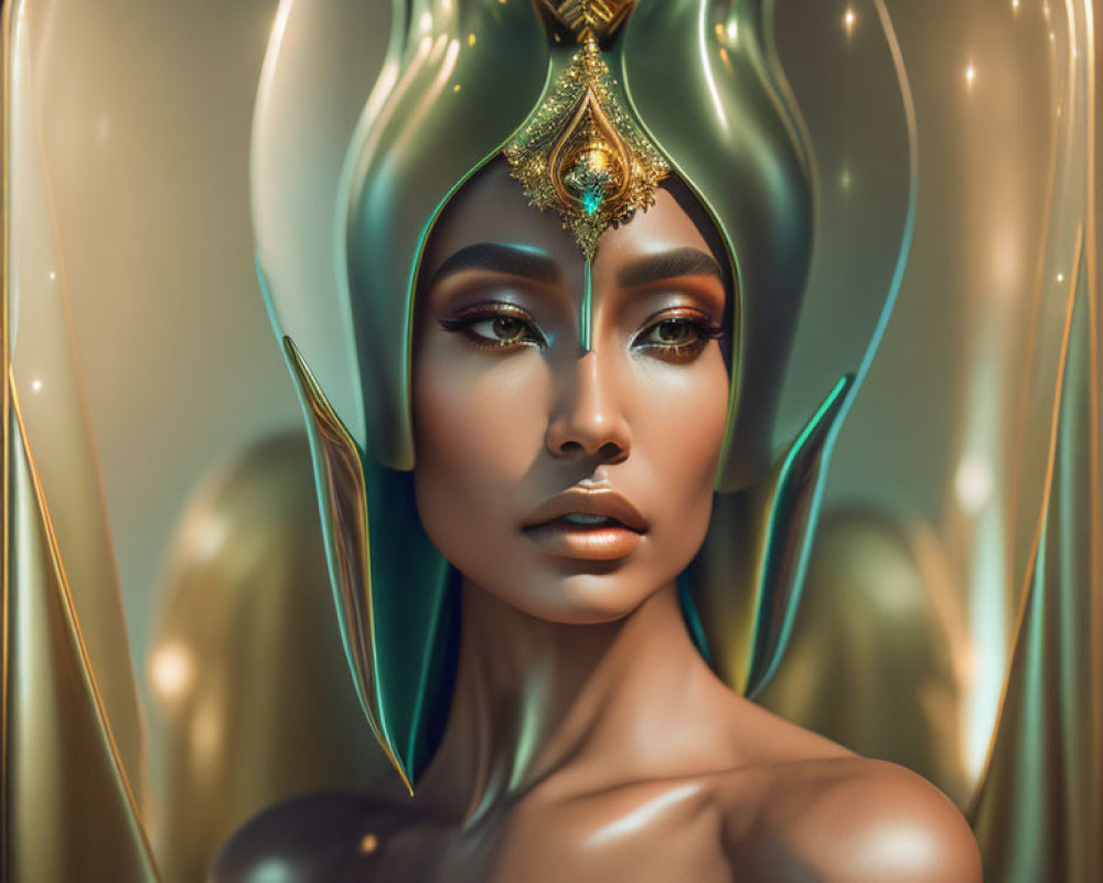 Exotic woman portrait with golden jewelry and headdress in high fantasy setting