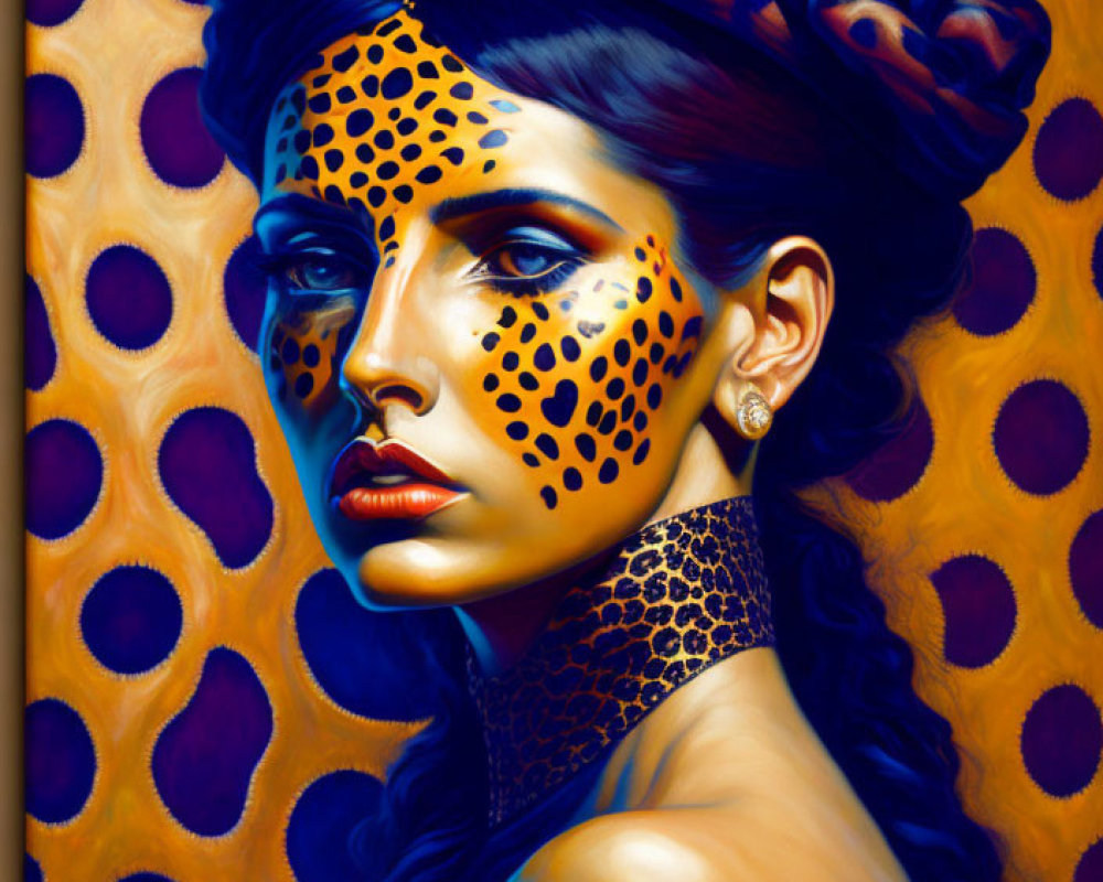 Portrait of woman with bold gaze, leopard print makeup, gold skin, dark hair on vibrant orange background