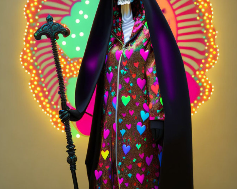 Colorful figure with skull mask, heart robe, and staff in vibrant backdrop