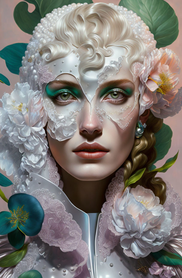 Digital artwork featuring woman with pearl-embellished masquerade mask and delicate flowers.