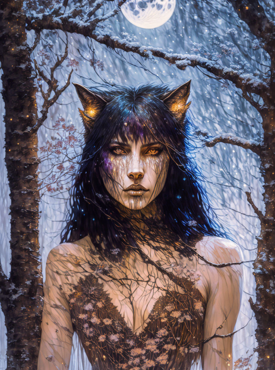 Female figure with wolf-like ears in snowy forest at night