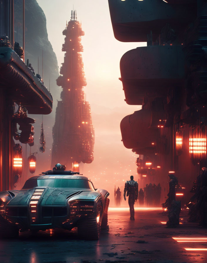 Futuristic cityscape at dusk with illuminated buildings and advanced car