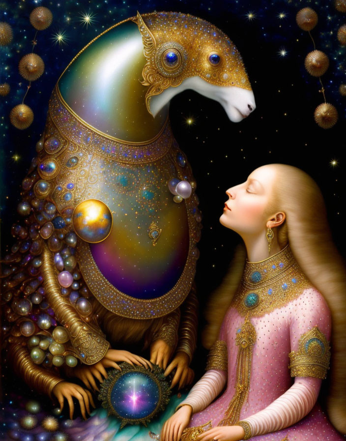 Medieval woman gazes at cosmic egg with jewels, horse-like figure emerges on starry backdrop