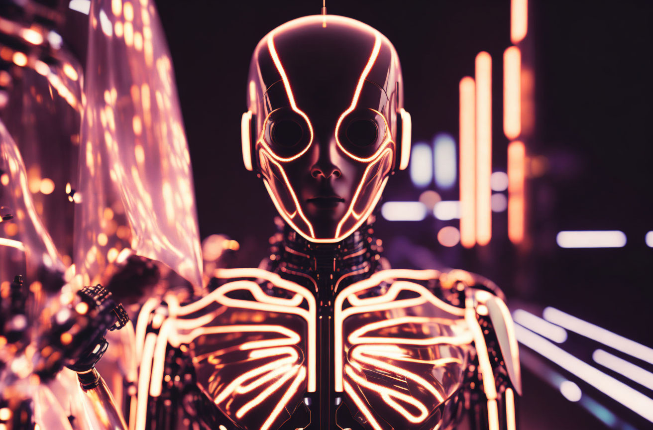 Glowing humanoid robot against neon-lit city backdrop