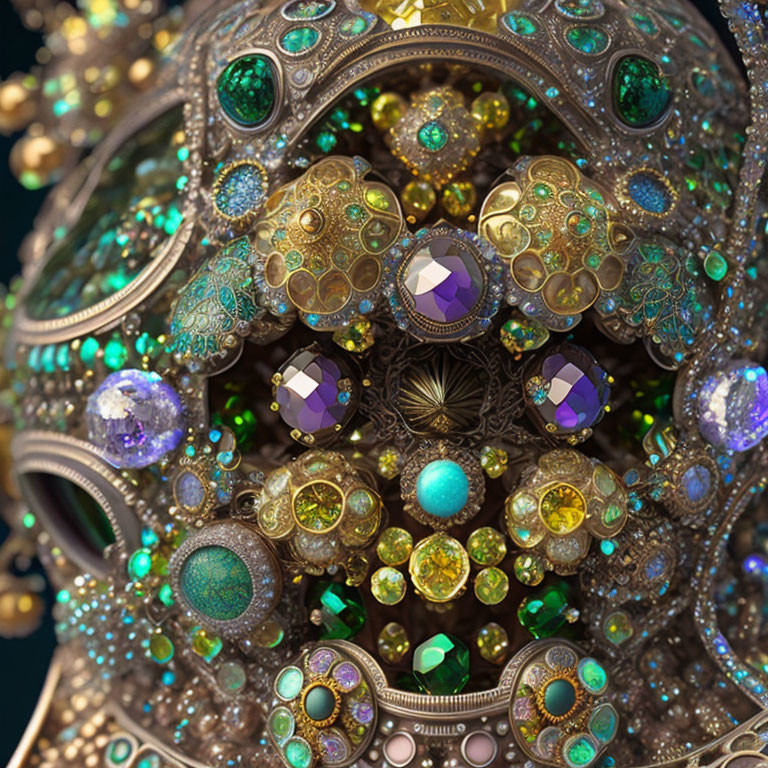 Detailed Fractal Art Piece with Gemstones and Gold Accents