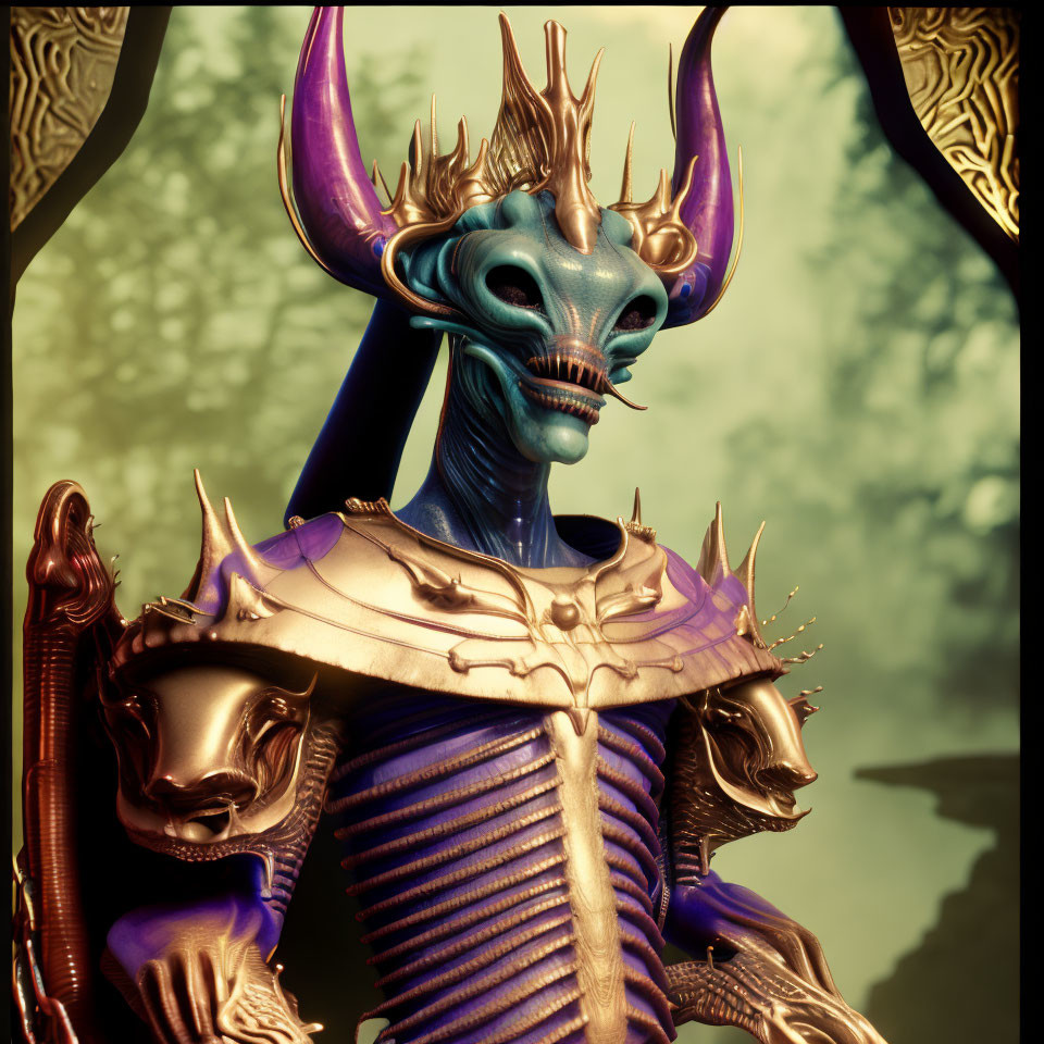 Blue-skinned fantasy creature with golden armor and purple horns in forest setting