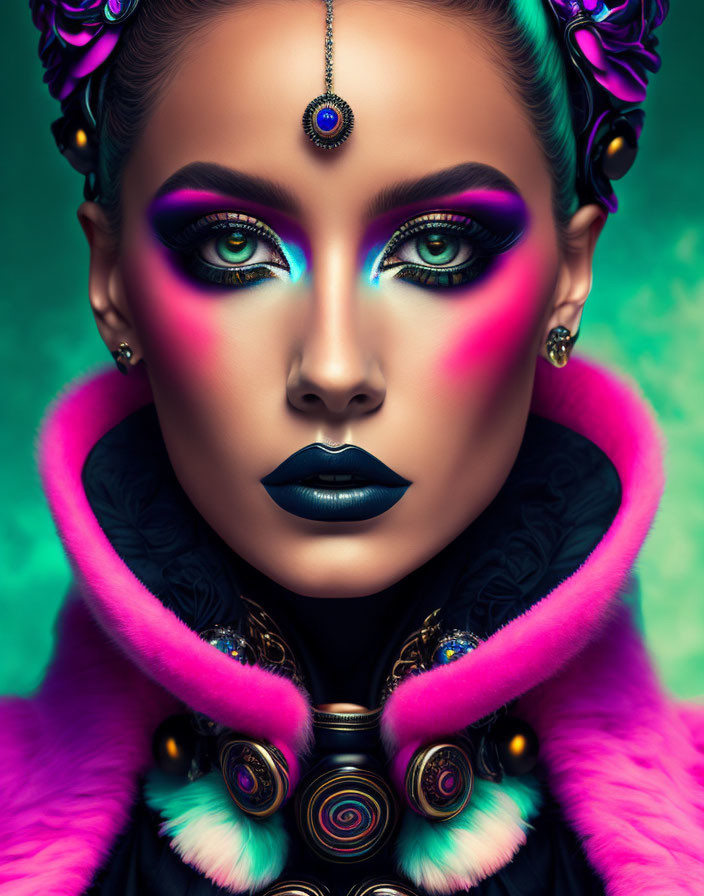 Colorful Woman with Dramatic Makeup, Ornate Headpiece, and Fuchsia Fur Collar