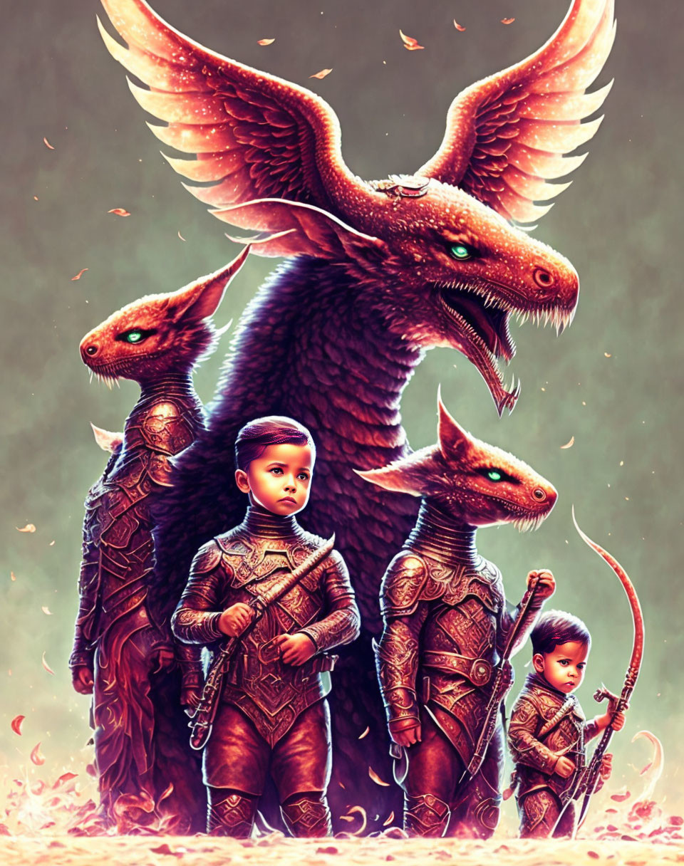 Child with dragons and armed figures in fiery digital artwork