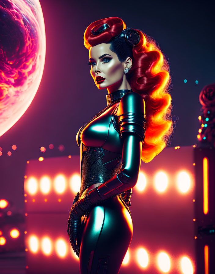 Futuristic woman with red hair in black bodysuit on alien planet