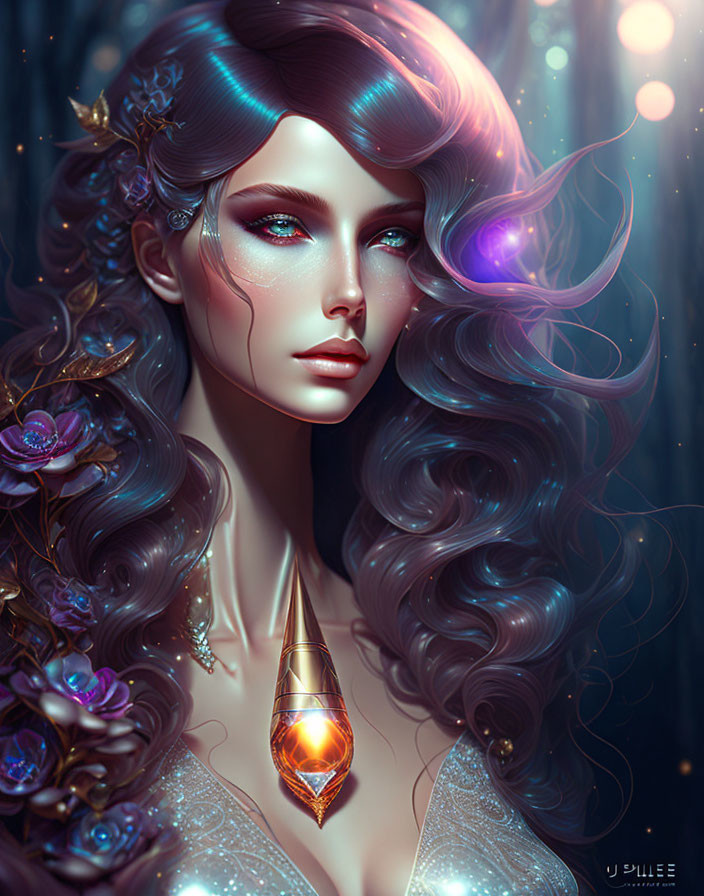 Illustrated woman with voluminous wavy hair and glowing blue flowers, crystal pendant, sparkly makeup