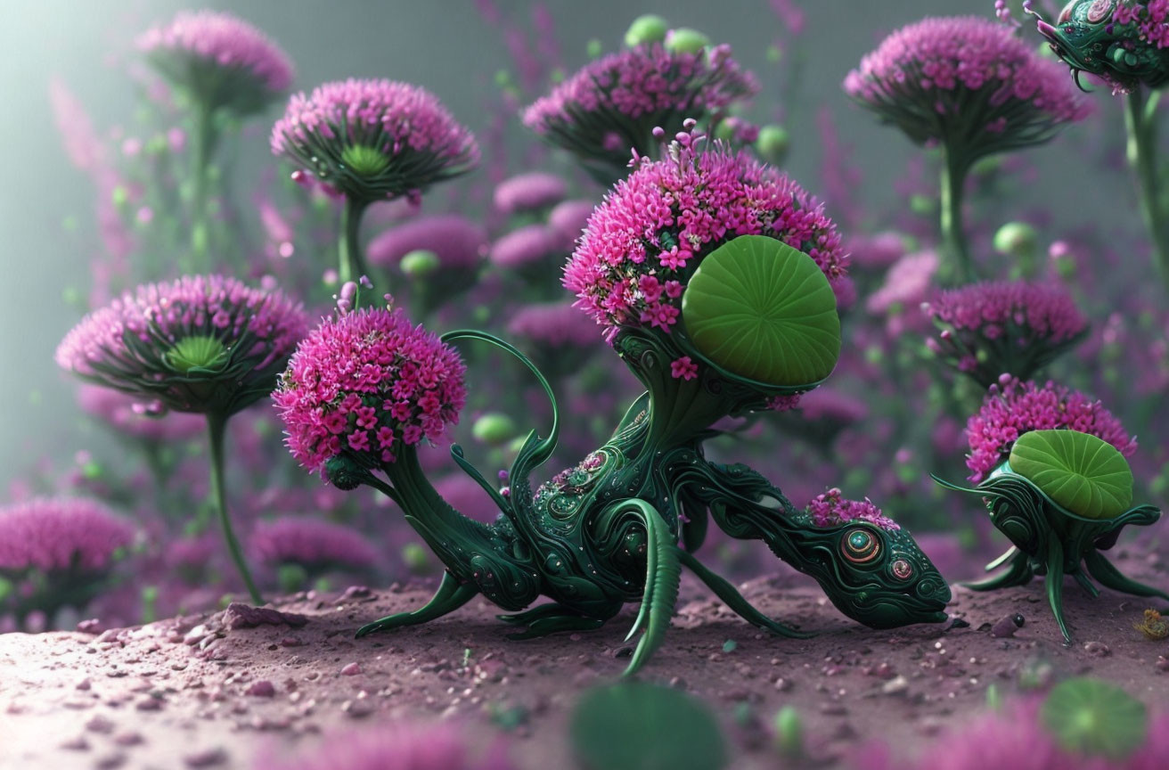 Surreal digital art: Vibrant flower-like organisms in fantasy landscape