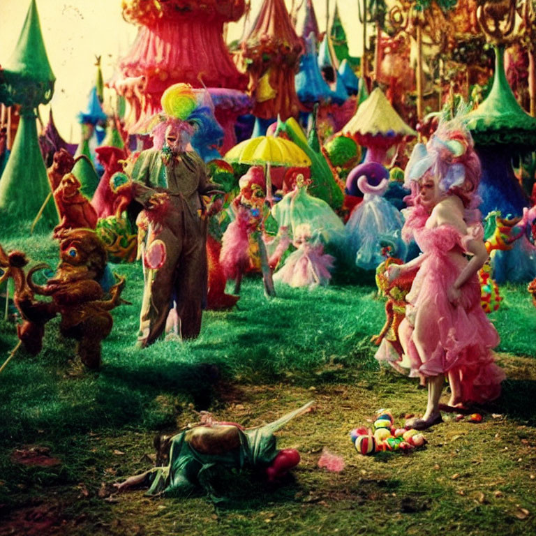 Colorful fantasy scene with costumed characters, whimsical hairstyles, and festive creatures.