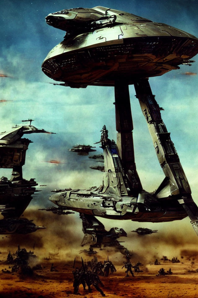 Futuristic battlefield with hovering warships above desert landscape