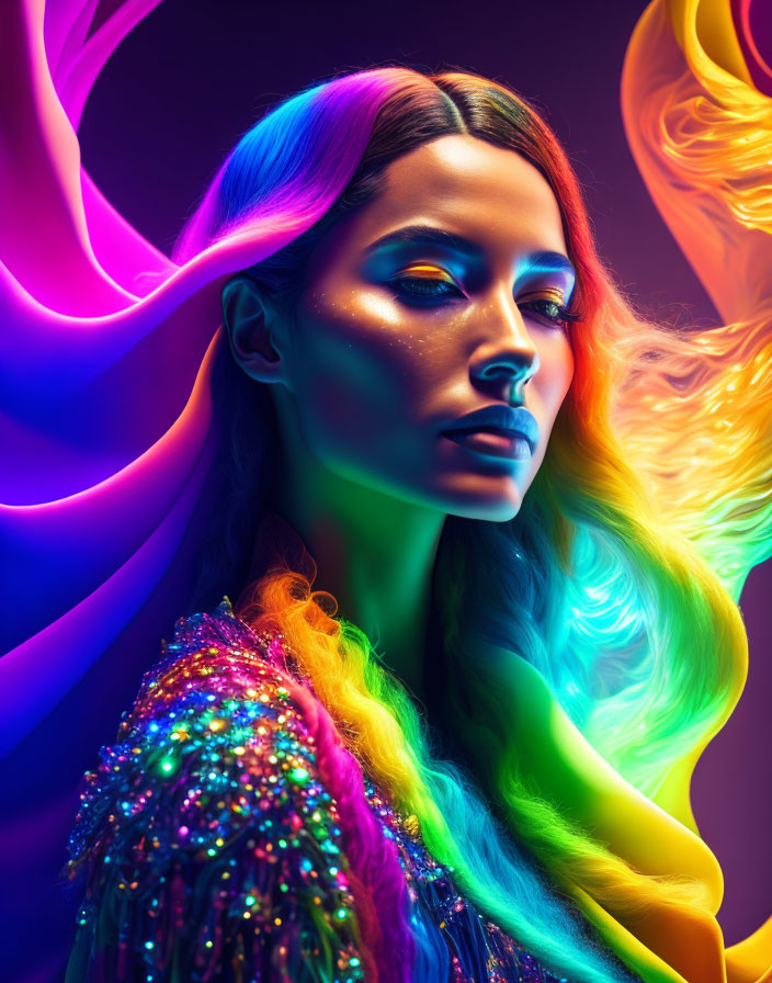 Colorful lighting creates vivid shadows on woman's face against dark background